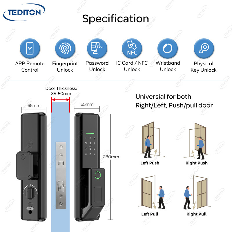 Tediton Fully Automatic Smart Life Tuya App Lock Keyless Biometric Fingerprint Cerradura Inteligente