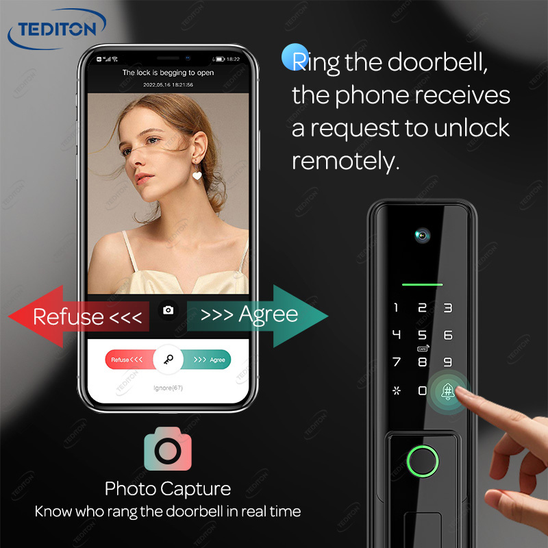 Tediton Lock Manufacturer Remote Unlock Fingerprint Tuya Wifi Smart Door Lock with Camera