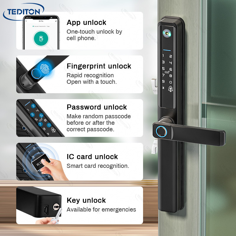 Tediton IP65 Smart Camera Fingerprint RfID Card Password Aluminum Sliding Door Lock With Doorbell Bulit-in Door Lock