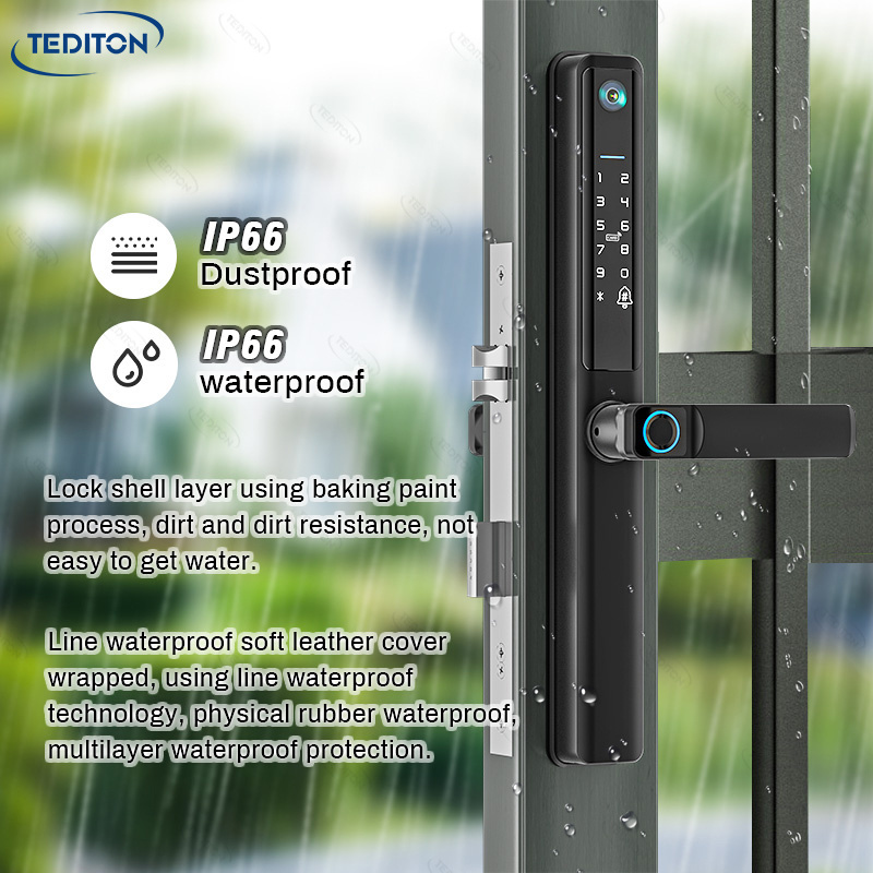 Tediton IP65 Smart Camera Fingerprint RfID Card Password Aluminum Sliding Door Lock With Doorbell Bulit-in Door Lock