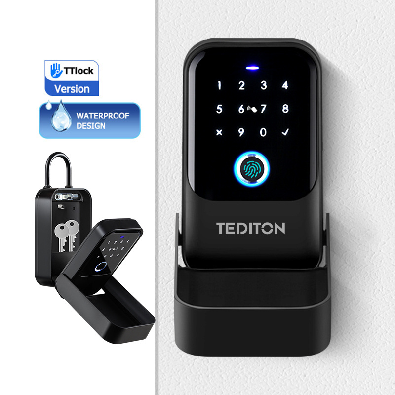 Tediton Outside Wall Mounted Lockbox Remote E key Fingerprint Lock Box with APP Control