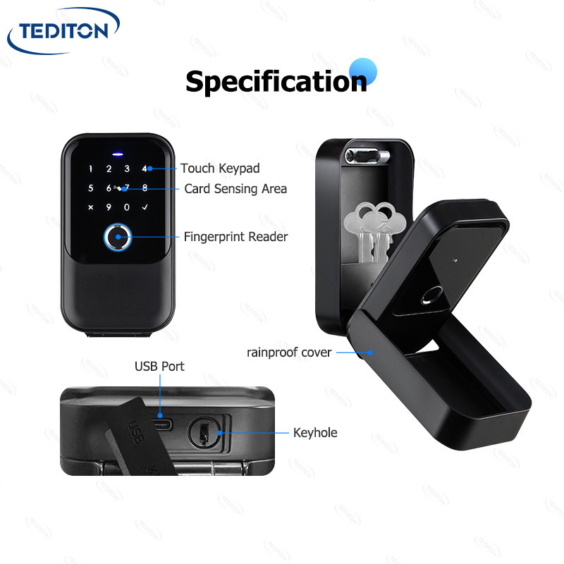 Tediton Outside Wall Mounted Lockbox Remote E key Fingerprint Lock Box with APP Control