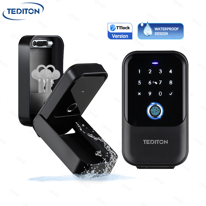 Tediton Outside Wall Mounted Lockbox Remote E key Fingerprint Lock Box with APP Control