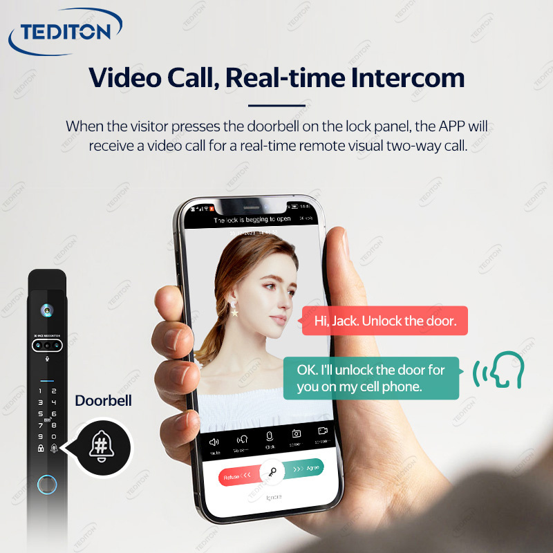 Tediton Tuya Wifi Waterproof APP Smart for Sliding glass door Digital Aluminum Ekey Fingerprint Camera Door Lock