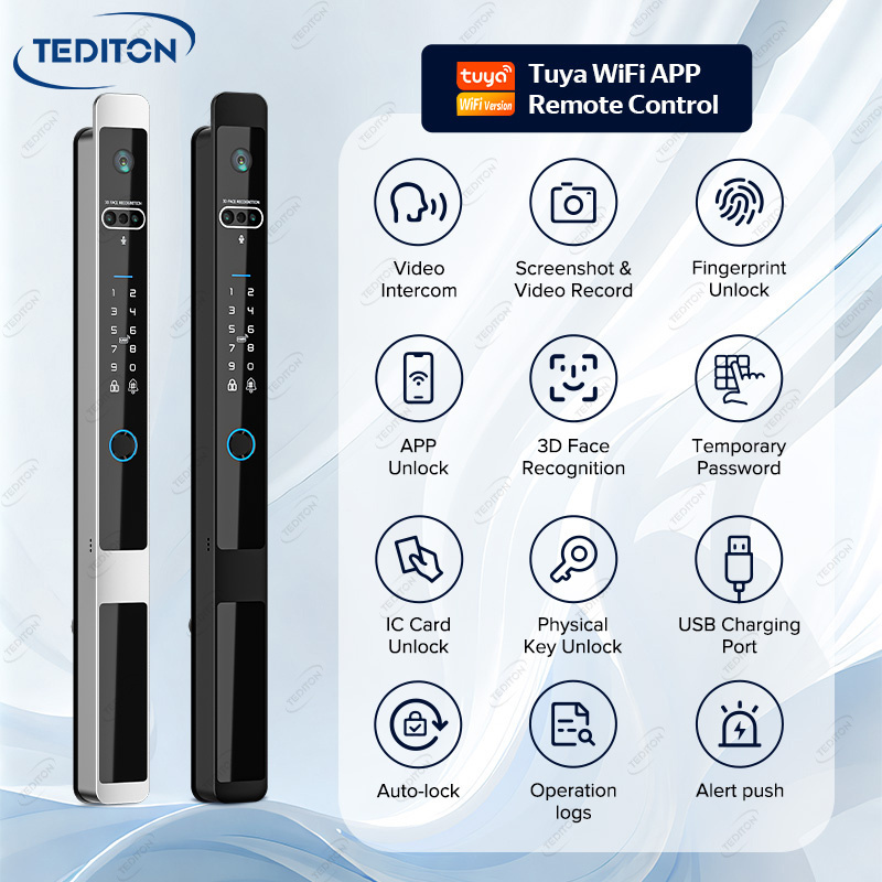 Tediton Tuya Wifi Waterproof APP Smart for Sliding glass door Digital Aluminum Ekey Fingerprint Camera Door Lock