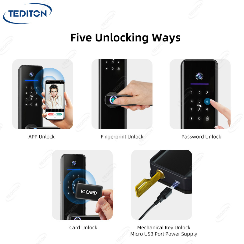 Tediton Door Handle With Camera And Wifi And Bell Front Door Handle Fingerprint Digital Smart Door Lock