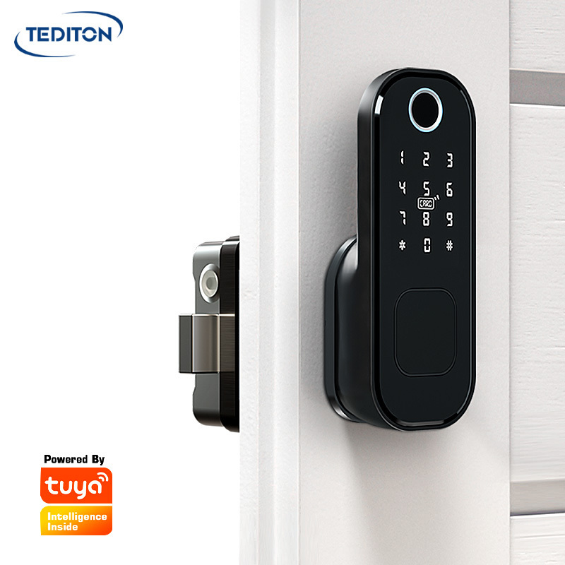 Tediton Gate Door Electric Rim Lock Tuya Wifi Fingerprint Card Anti Theft Smart Door Rim Lock For Main Door