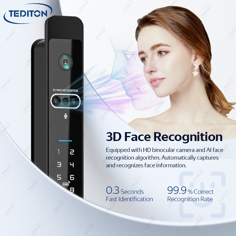 Tediton Full Automatic Waterproof Smart Fingerprint Aluminum Door Lock Tuya Wifi 3D Face Recognition Video Intercom Sliding Lock