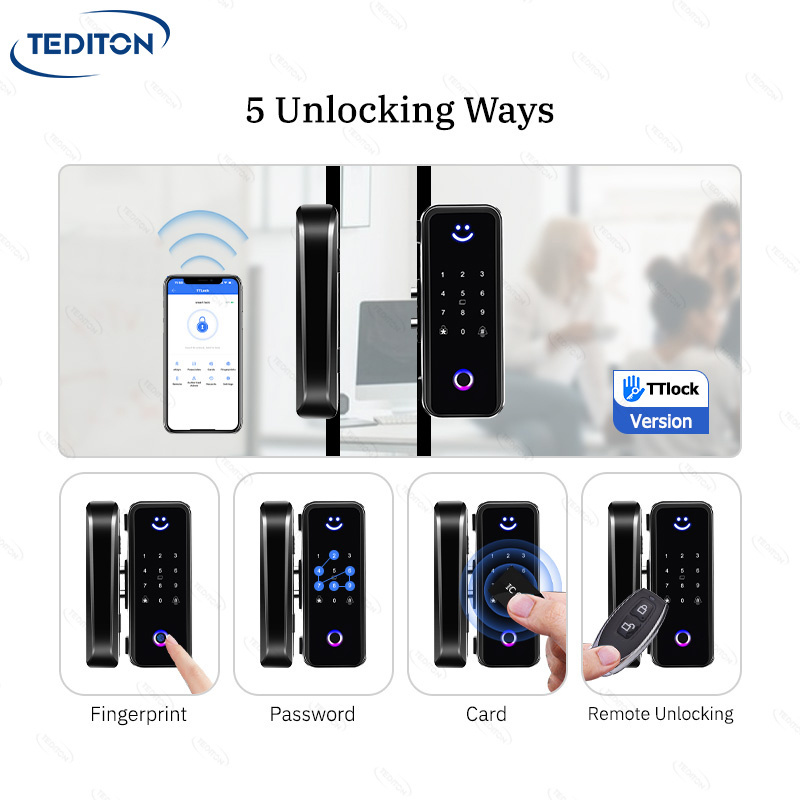 Tediton Office Glass Door Lock Smart Fingerprint Card Password Unlock Electronic TTlock Smart Glass Door Lock