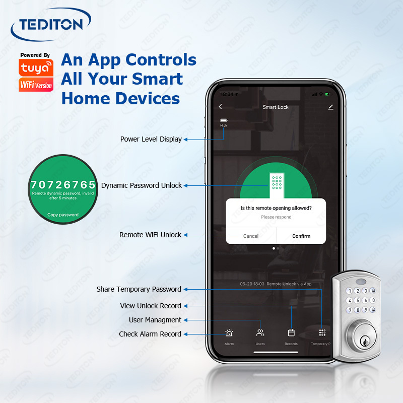 Tediton Smart Door Lock Silver Smart Deadbolt Fechadura Inteligente Tuya Auto Keypad Deadbolt Smart Lock