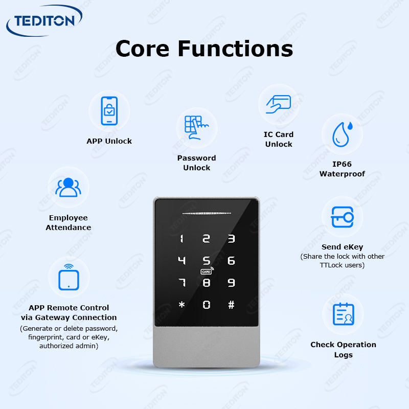 Tediton Outdoor Smart TTLock App Access Control Rfid Card Reader Keypad Door Lock