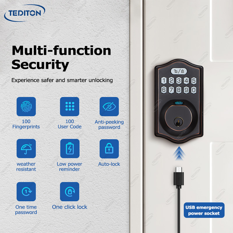 Tediton Waterproof Smart Biometric Fingerprint Lock Home Apartment Smart Deadbolt Lock