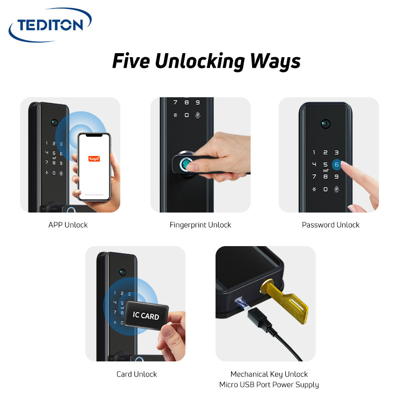 Tediton Outdoor High Security Wifi Remote Control Fingerprint Door Lock Tuya Smart Door Lock with Camera