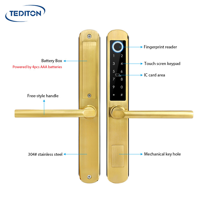 Tediton Keyless Electronic Smart Sliding Aluminum Smart Fingerprint Door  Lock with Europe Mortise