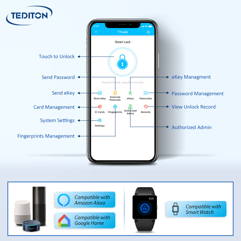 Tediton Keyless Electronic Smart Sliding Aluminum Smart Fingerprint Door  Lock with Europe Mortise