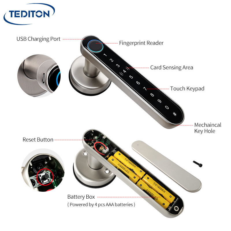 Cerradura Inteligente Ttlock Hotel Wifi Bedroom Biometric Electronic Locks Digital Smart Door Handle Fingerprint Lock