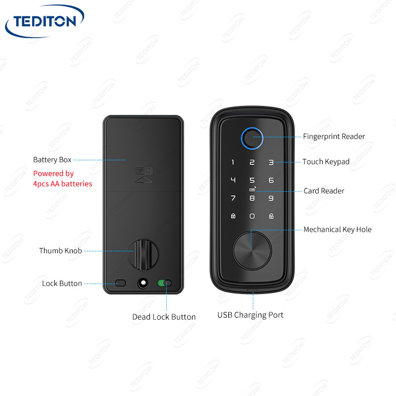 Tediton Indoor Fingerprint Door Lock Electronic Security Lock Keyless dead bolt smart door lock for Bedroom Office