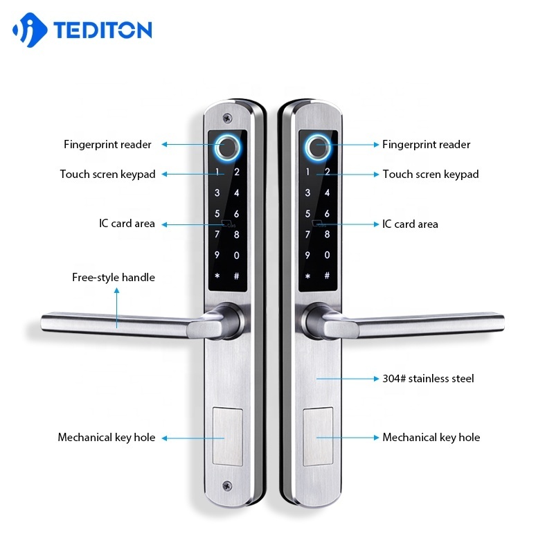 Tediton stainless steel Security Waterproof sliding APP Wifi ttlock dual sides fingerprint intelligent door lock