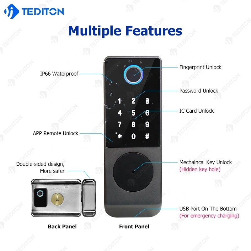 Tediton waterproof outdoor gate TTlock WiFi Version APP Smart Rim Double-Sided Fingerprint and Keyless Entry Deadbolt Lock