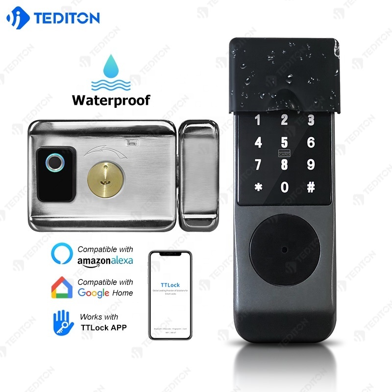 Tediton waterproof outdoor gate TTlock WiFi Version APP Smart Rim Double-Sided Fingerprint and Keyless Entry Deadbolt Lock