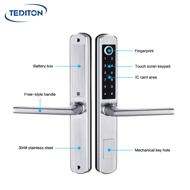 Tediton Waterproof Stainless Steel fingerprint door lock Sliding Glass Gate Digital Aluminum Smart Door Lock