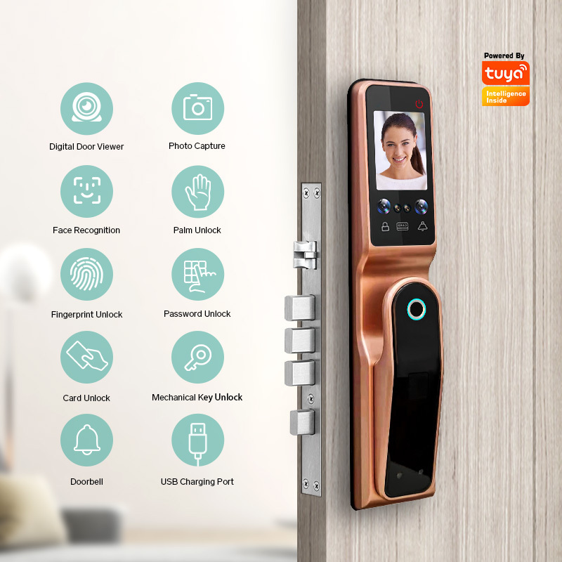 High technology Automatic locking Face Recognition Biometric Cats Eye Fingerprint Tuya APP Wifi Face Door Lock with Camera