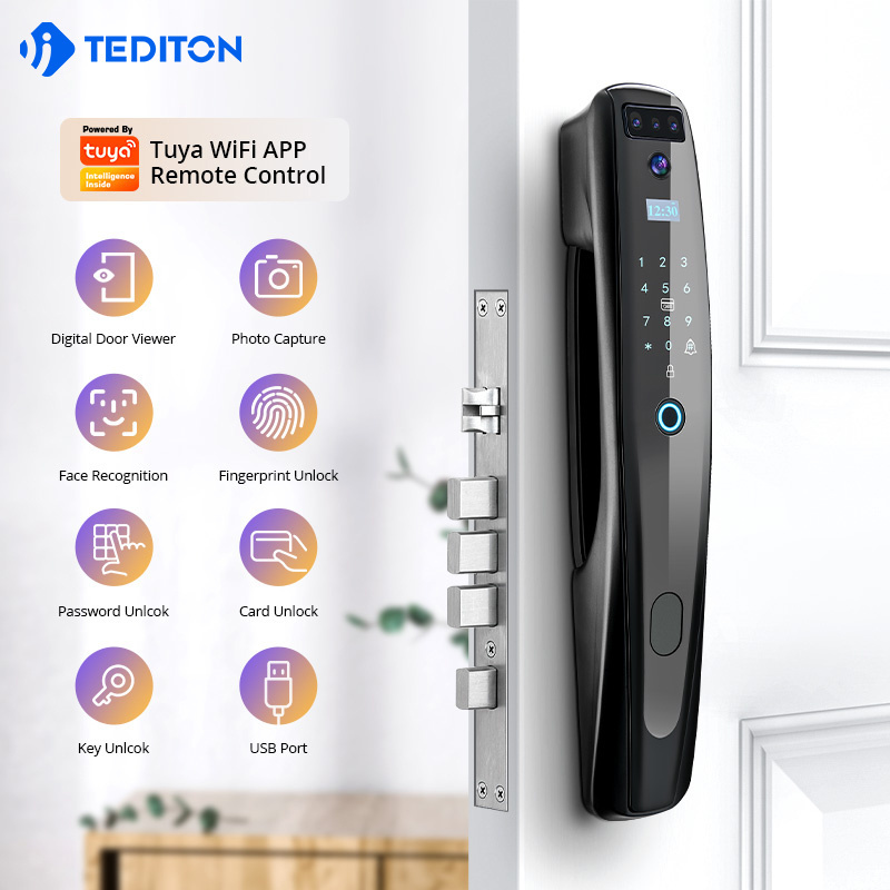 Tediton Biometric Digital Doorbell Tuya Wifi Photo Camera Capture Fingerprint Smart lock with Face Recognition Door Lock