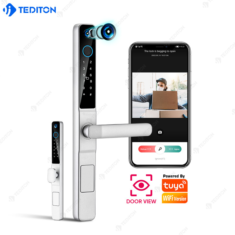 WiFi Tuya App Smart Lock with Camera Video Doorbell Fingerprint Keyless Entry Keypad Door Lock with Handle for Front Door