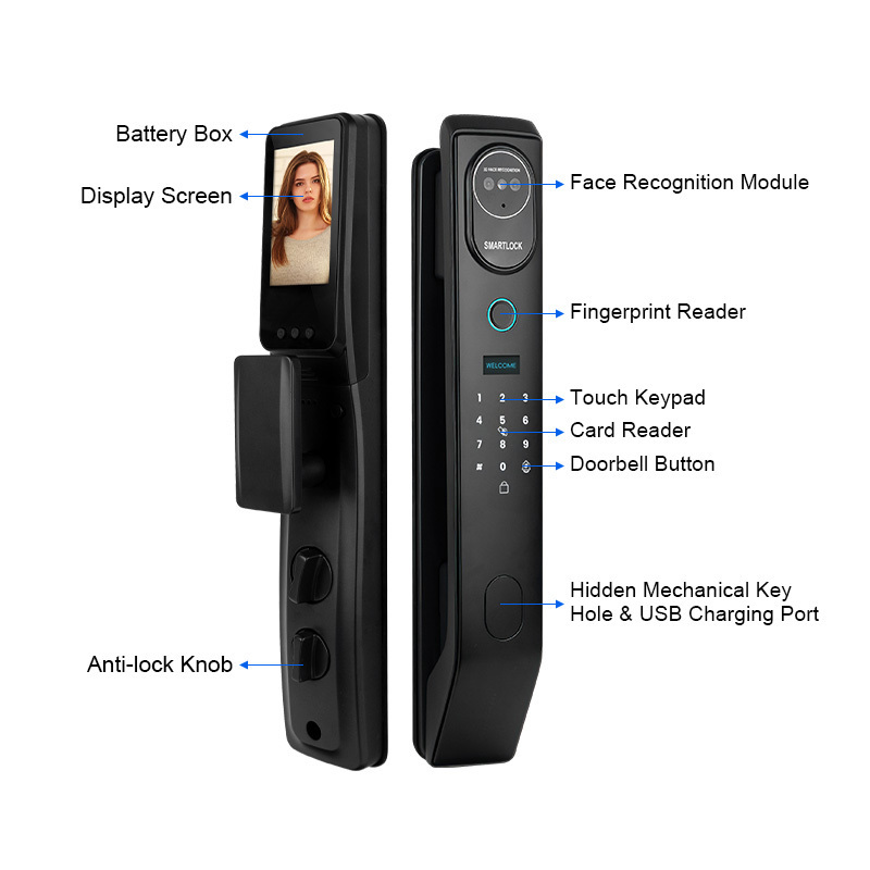 Tediton aluminum alloy Fingerprint doorbell automatic electronic Wifi tuya 3d face recognition smart gate lock with camera