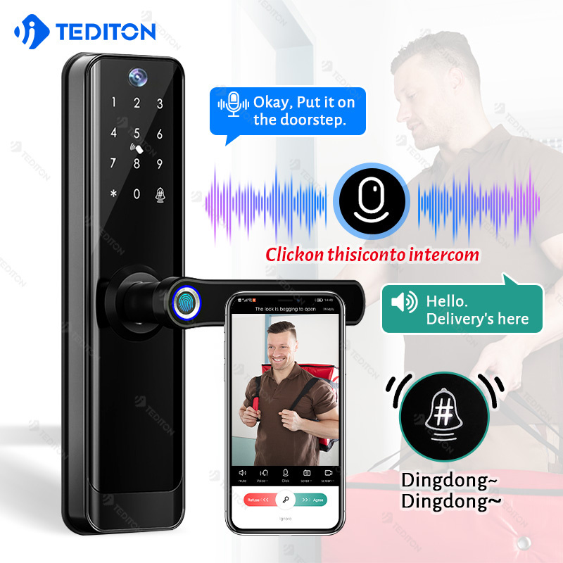 Tediton Mobile Tuya Lock Waterproof Outdoor Smart Biometric Fingerprint wifi door lock cat eye with video intercom