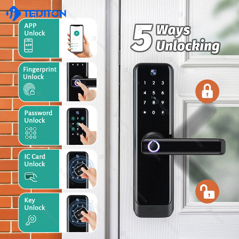 Tediton Mobile Tuya Lock Waterproof Outdoor Smart Biometric Fingerprint wifi door lock cat eye with video intercom