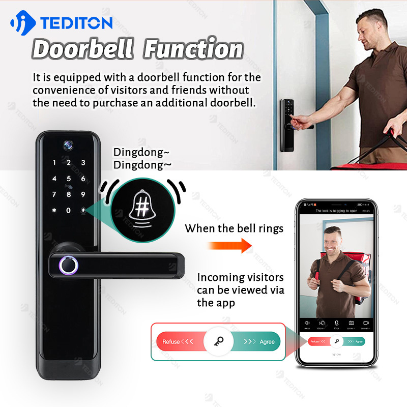 Tediton Mobile Tuya Lock Waterproof Outdoor Smart Biometric Fingerprint wifi door lock cat eye with video intercom