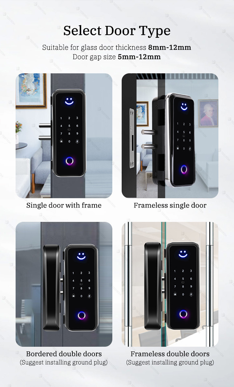 heavy duty frameless h shape pull handle zinc alloy security sliding fingerprint ttlock app wifi smart lock for glass door