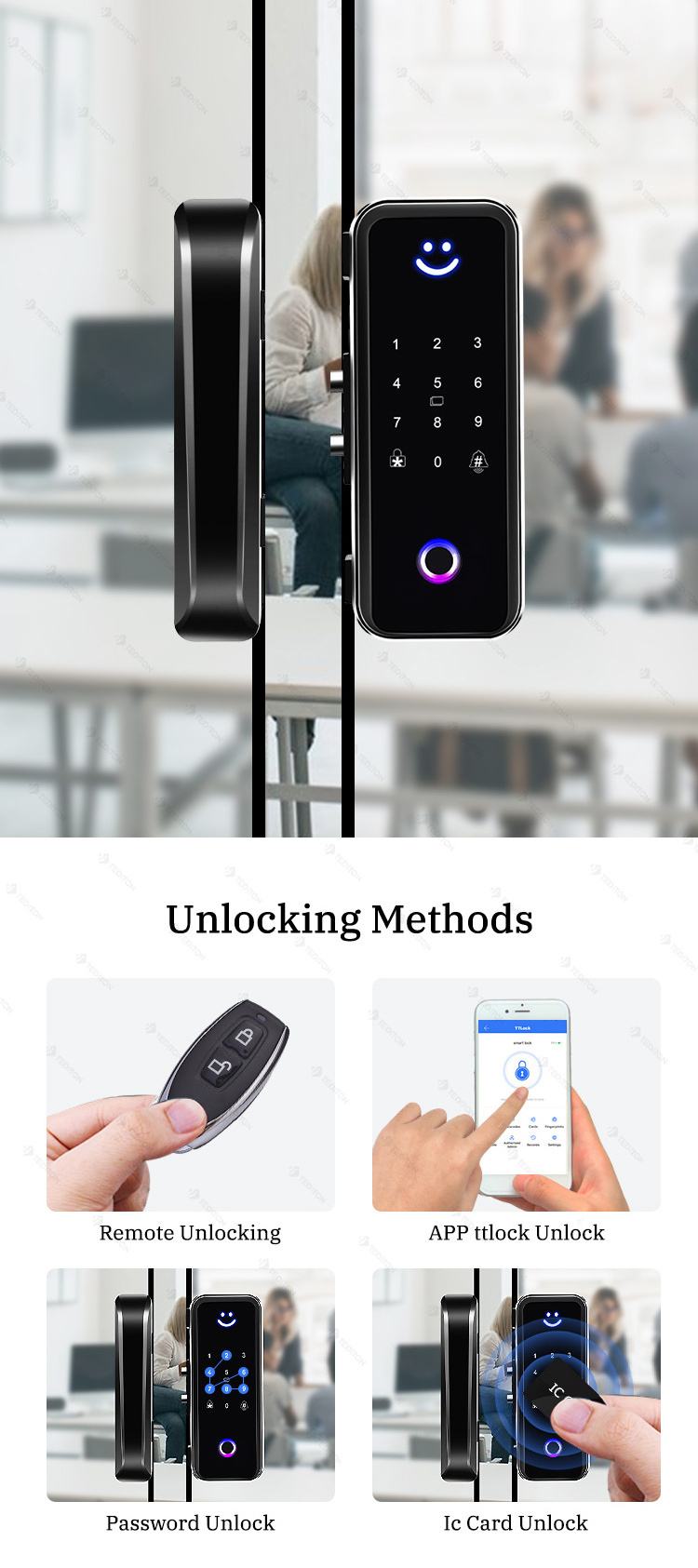 heavy duty frameless h shape pull handle zinc alloy security sliding fingerprint ttlock app wifi smart lock for glass door