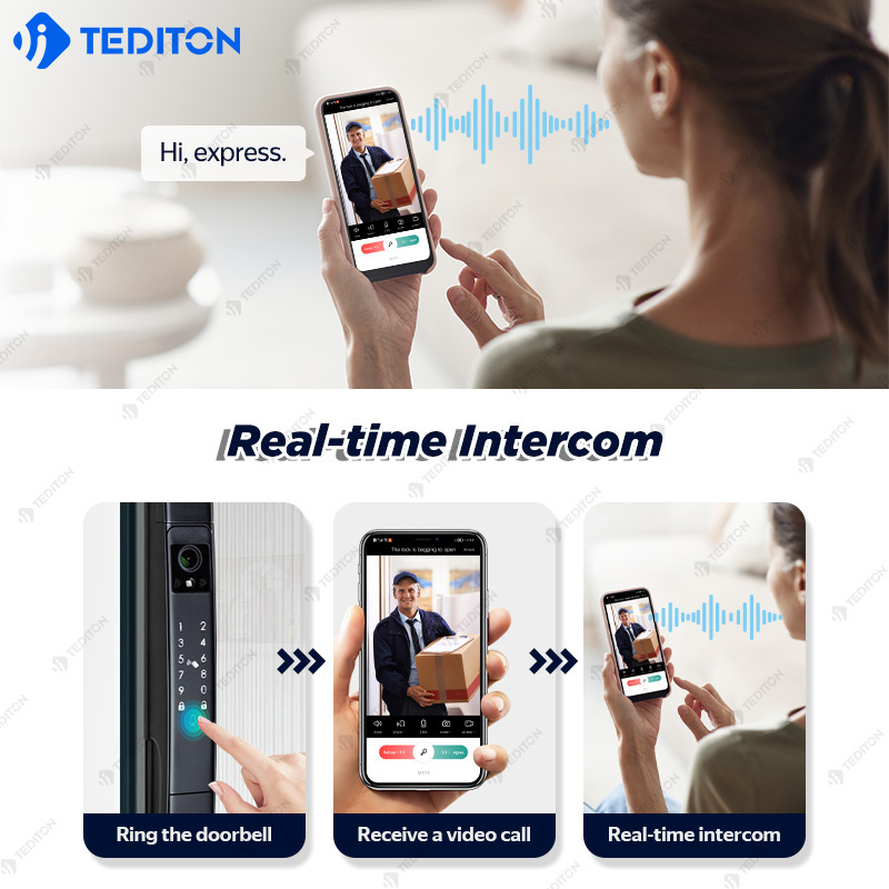 Tediton waterproof WiFi Tuya Face Recognition sliding biometric fingerprint video door phone intercom smart locks compatible