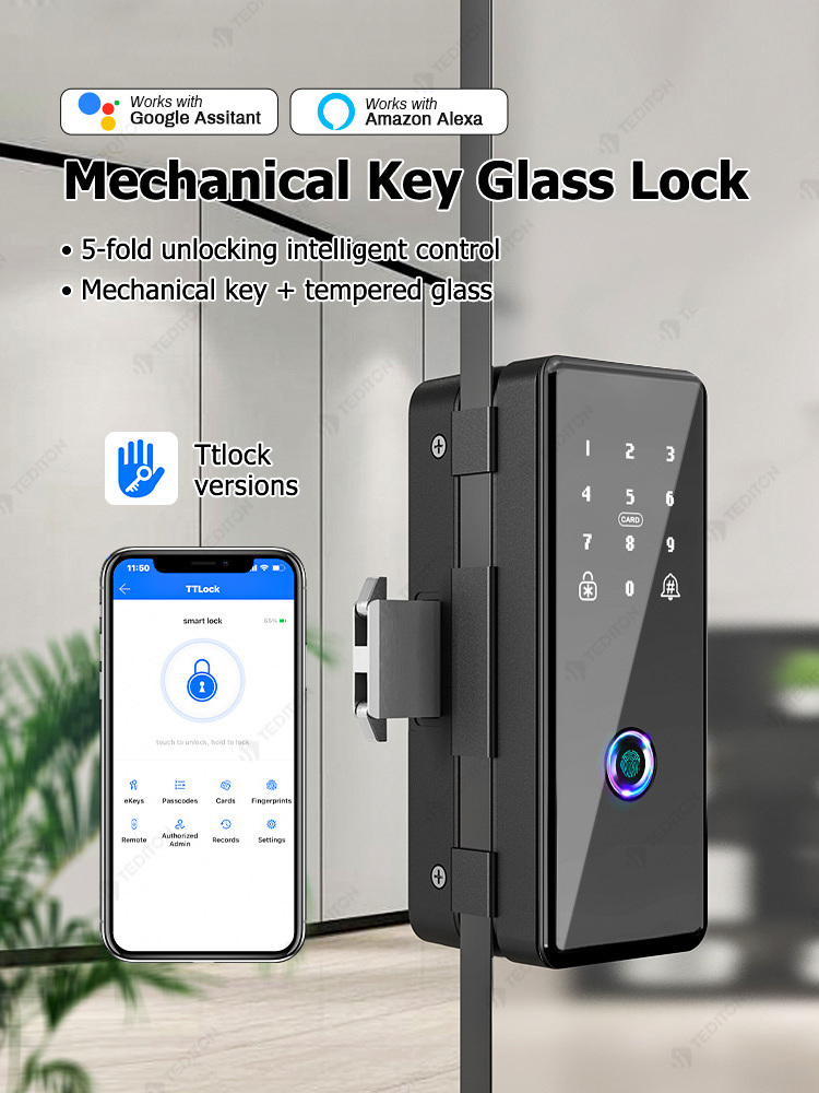 Tediton Frameless Sliding Door Lock for Office TT Lock Touch Keypad Fingerprint Smart Glass Door Lock