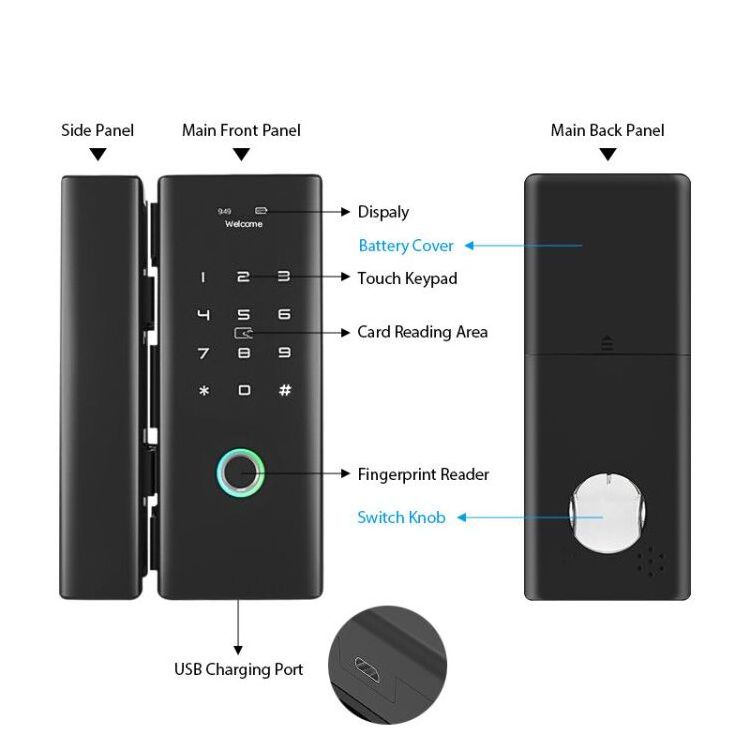 Luxury Keyless Biometric Fingerprint Password Rifd Digital Door Lock for Double Frameless eletronic door lock for glass door