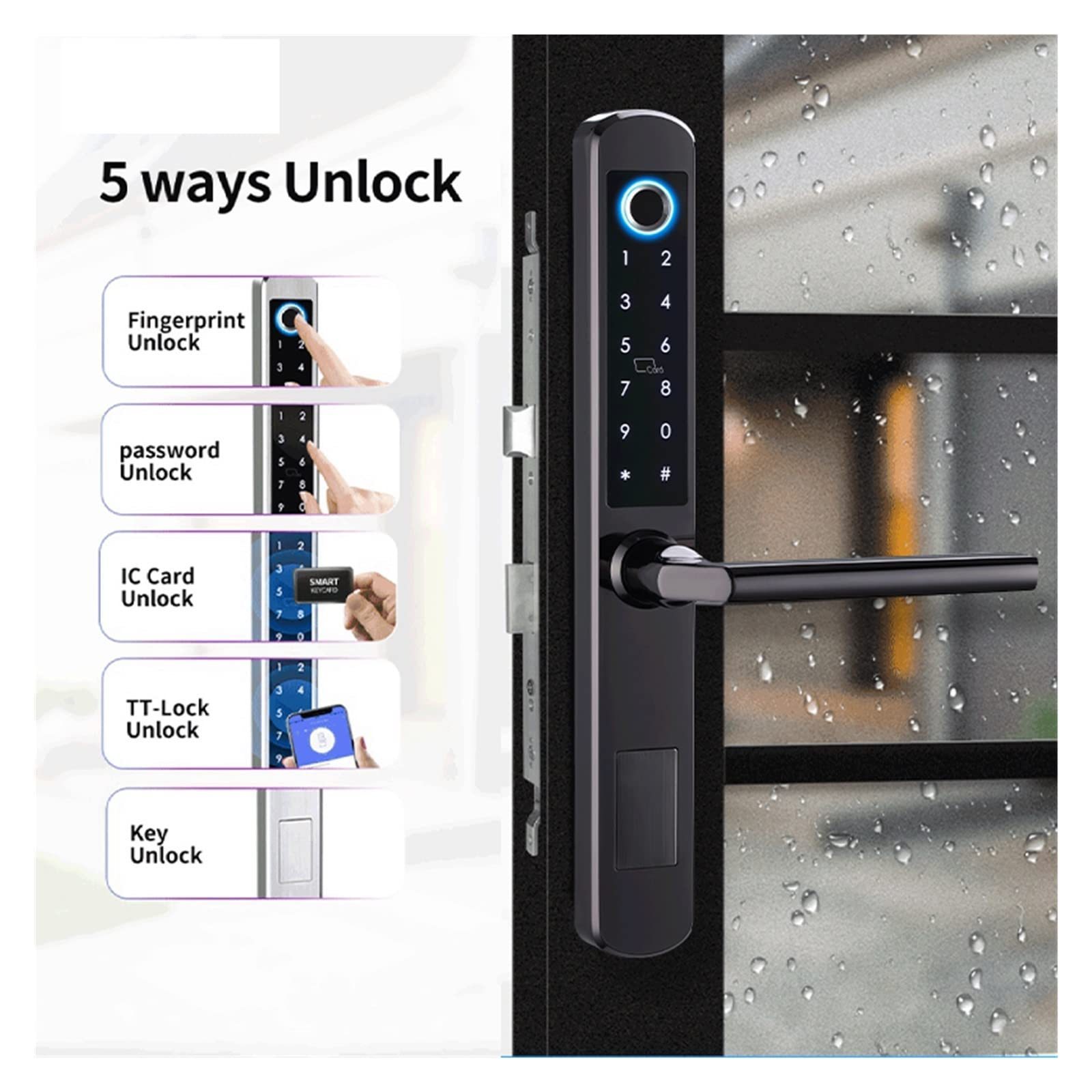 IP66 Aluminum Patio Sliding Glass Door Smart Lock Tt Lock App Handle Keypad Fingerprint RFID Electronic Digital Lock