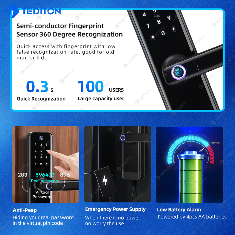 WiFi Video call Smart Lock Door Handle tuya app Fingerprint Keyless Entry cerraduras inteligentes con camara