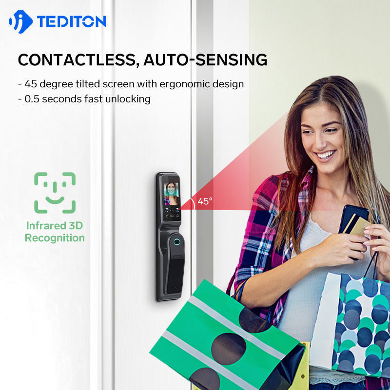 Tediton Electronic Keypad Password Card NFC 3D Face Recognition Digital Smart Door Lock With Camera