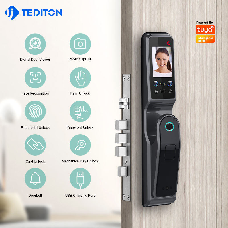 Tediton Electronic Keypad Password Card NFC 3D Face Recognition Digital Smart Door Lock With Camera