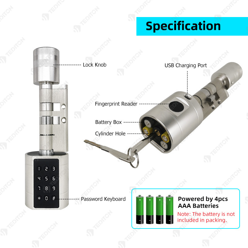 Tediton Waterproof Euro Cylinder Door Lock European TUYA APP Adjustable Cylinder Fingerprint Door Lock