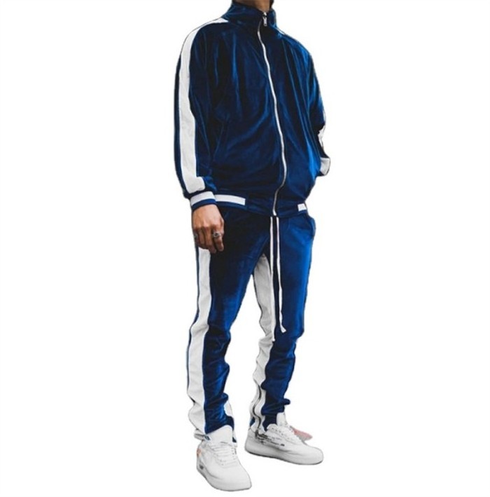 Fleece Tracksuit Men Thermal Velour Velvet Zip Up Winter Blank Stripe Tracksuit