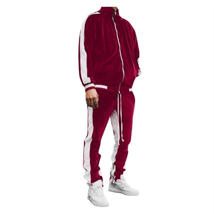 Fleece Tracksuit Men Thermal Velour Velvet Zip Up Winter Blank Stripe Tracksuit