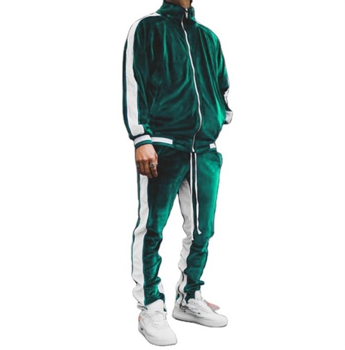 Fleece Tracksuit Men Thermal Velour Velvet Zip Up Winter Blank Stripe Tracksuit