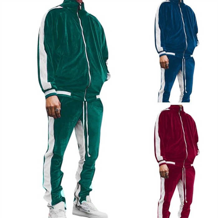 Fleece Tracksuit Men Thermal Velour Velvet Zip Up Winter Blank Stripe Tracksuit