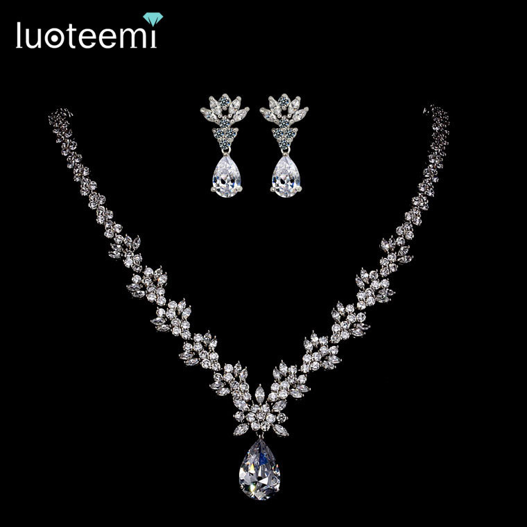 LUOTEEMI NEW Style Arrive Fashion Pear Shape Crystal Zircon Wedding Jewelry Sets For Brides Luxury Jewelry Gifty