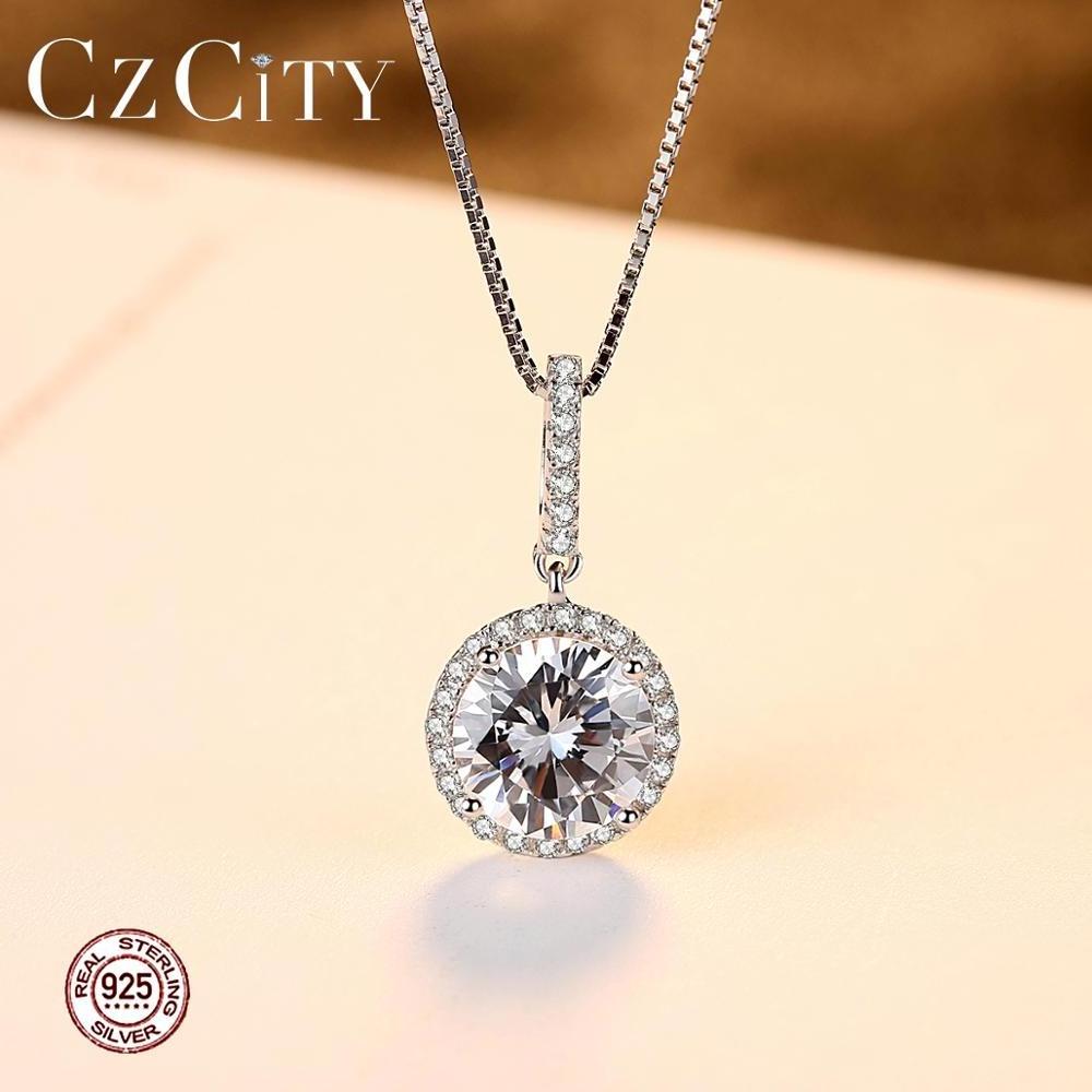 CZCITY 925 Sterling Silver Necklace Chains Pendant Women Jewelry Elegant Style Round CZ Pendants