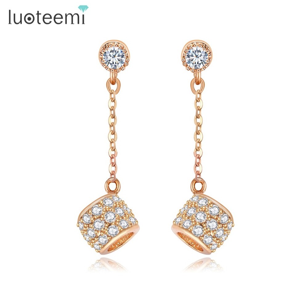 LUOTEEMI Trendy Bridesmaid 20mm Long Chain With Cubic Zirconia Hollow Ball Stud Earrings