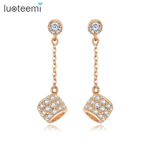 LUOTEEMI Trendy Bridesmaid 20mm Long Chain With Cubic Zirconia Hollow Ball Stud Earrings